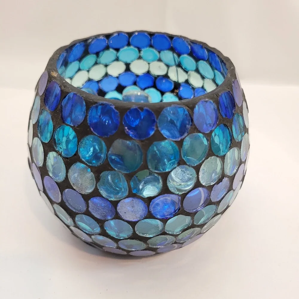 Target Votive Holder Blue Teal Mosaic Glass Gem Round Tea Light Candle Bowl 2008